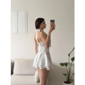 Volanlı Halter Yaka Mini Elbise - BEYAZ