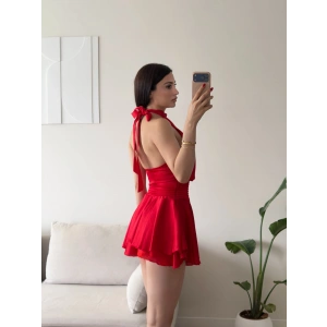 Volanlı Halter Yaka Mini Elbise - KIRMIZI