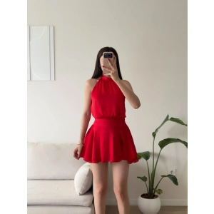 Volanlı Halter Yaka Mini Elbise - KIRMIZI