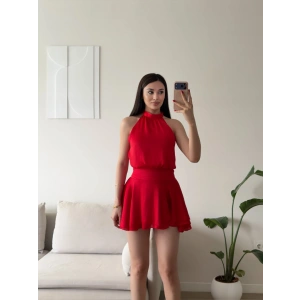 Volanlı Halter Yaka Mini Elbise - KIRMIZI