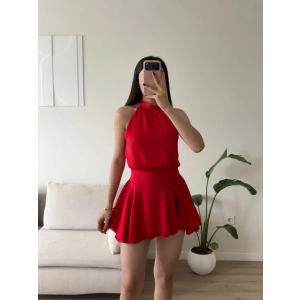 Volanlı Halter Yaka Mini Elbise - KIRMIZI