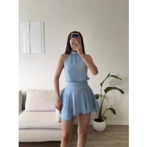 Volanlı Halter Yaka Mini Elbise - MAVİ