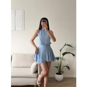 Volanlı Halter Yaka Mini Elbise - MAVİ