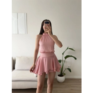 Volanlı Halter Yaka Mini Elbise - PEMBE