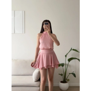 Volanlı Halter Yaka Mini Elbise - PEMBE