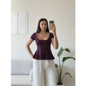 Volanlı Oval Yaka Bluz - MÜRDÜM
