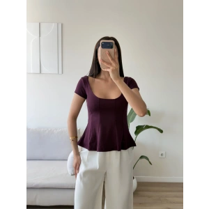 Volanlı Oval Yaka Bluz - MÜRDÜM