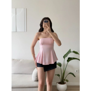 Volanlı Straplez Bluz - PEMBE