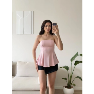 Volanlı Straplez Bluz - PEMBE