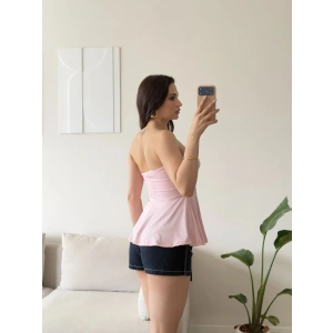 Volanlı Straplez Bluz - PEMBE