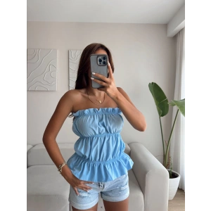 Volanlı Straplez Crop - MAVİ