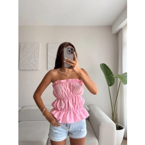 Volanlı Straplez Crop - PEMBE