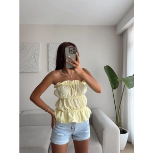 Volanlı Straplez Crop - SARI