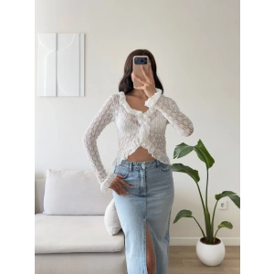 Volanlı Transparan Güpür Bluz - BEYAZ