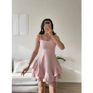 Volanlı Twist Prenses Elbise - PEMBE