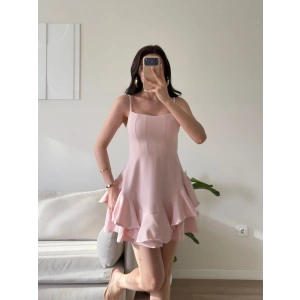 Volanlı Twist Prenses Elbise - PEMBE