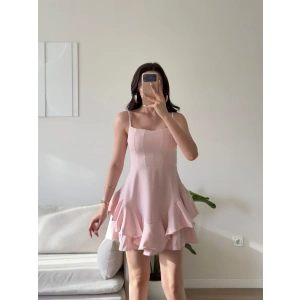 Volanlı Twist Prenses Elbise - PEMBE