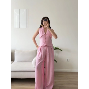 Yaka Detay Keten İkili Takım - PEMBE