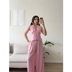 Yaka Detay Keten İkili Takım - PEMBE