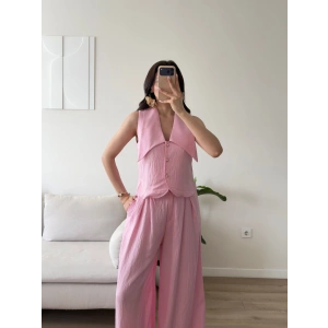 Yaka Detay Keten İkili Takım - PEMBE