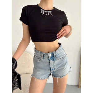 Yaka Taşlı Kaşkorse Crop-SİYAH