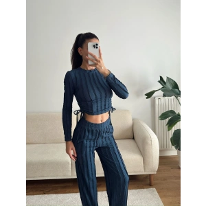 Yan Büzgü Crop & Pantolon Takım - LACİVERT