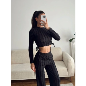 Yan Büzgü Crop & Pantolon Takım - SİYAH