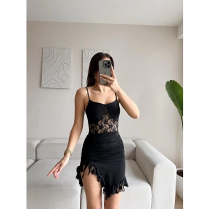 Yan Büzgülü Tül Askılı Elbise - SİYAH