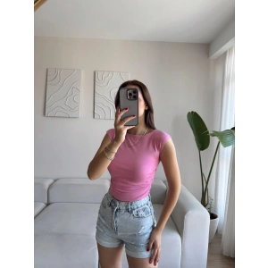 Yan Lastik Kayık Yaka Crop - PEMBE