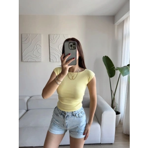 Yan Lastik Kayık Yaka Crop - SARI