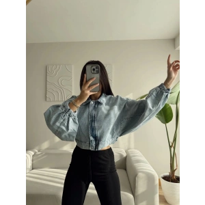 Yarasa Balon Kol Denim Ceket - AÇIK MAVİ