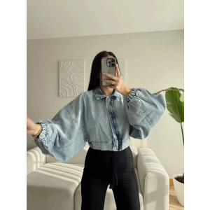 Yarasa Balon Kol Denim Ceket - AÇIK MAVİ