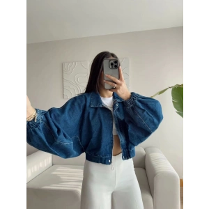 Yarasa Balon Kol Denim Ceket - KOYU MAVİ