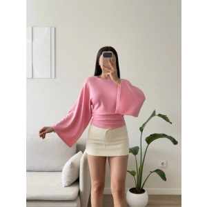 Yarasa Kol Büzgülü Bluz - PEMBE
