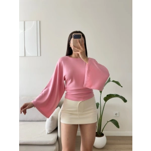 Yarasa Kol Büzgülü Bluz - PEMBE