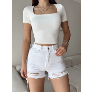 Lazer Kesim Denim Şort - BEYAZ