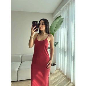 Yırtmaç Detay Askılı Uzun Basic Elbise-MERCAN