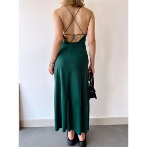 Yırtmaç Detay Sırt Dekolte Elbise-YEŞİL
