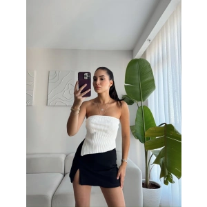 Yırtmaç Detay Straplez Fitilli Bluz-BEYAZ