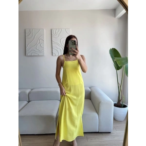 Yırtmaçlı Keten Askılı Elbise - SARI