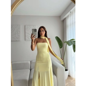 Yırtmaçlı Straplez Kuşaklı Elbise - SARI