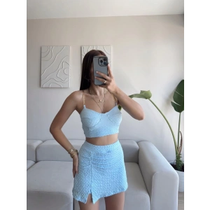 Zincir Crop & Şortlu Etek Takım - MAVİ