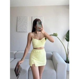 Zincir Crop & Şortlu Etek Takım - SARI