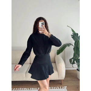 ZR Büzgülü Selanik Elbise - SİYAH