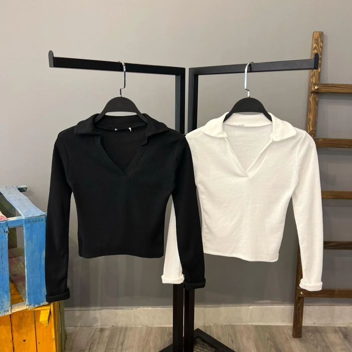 Polo Yaka Kaşkorse Crop-SİYAH