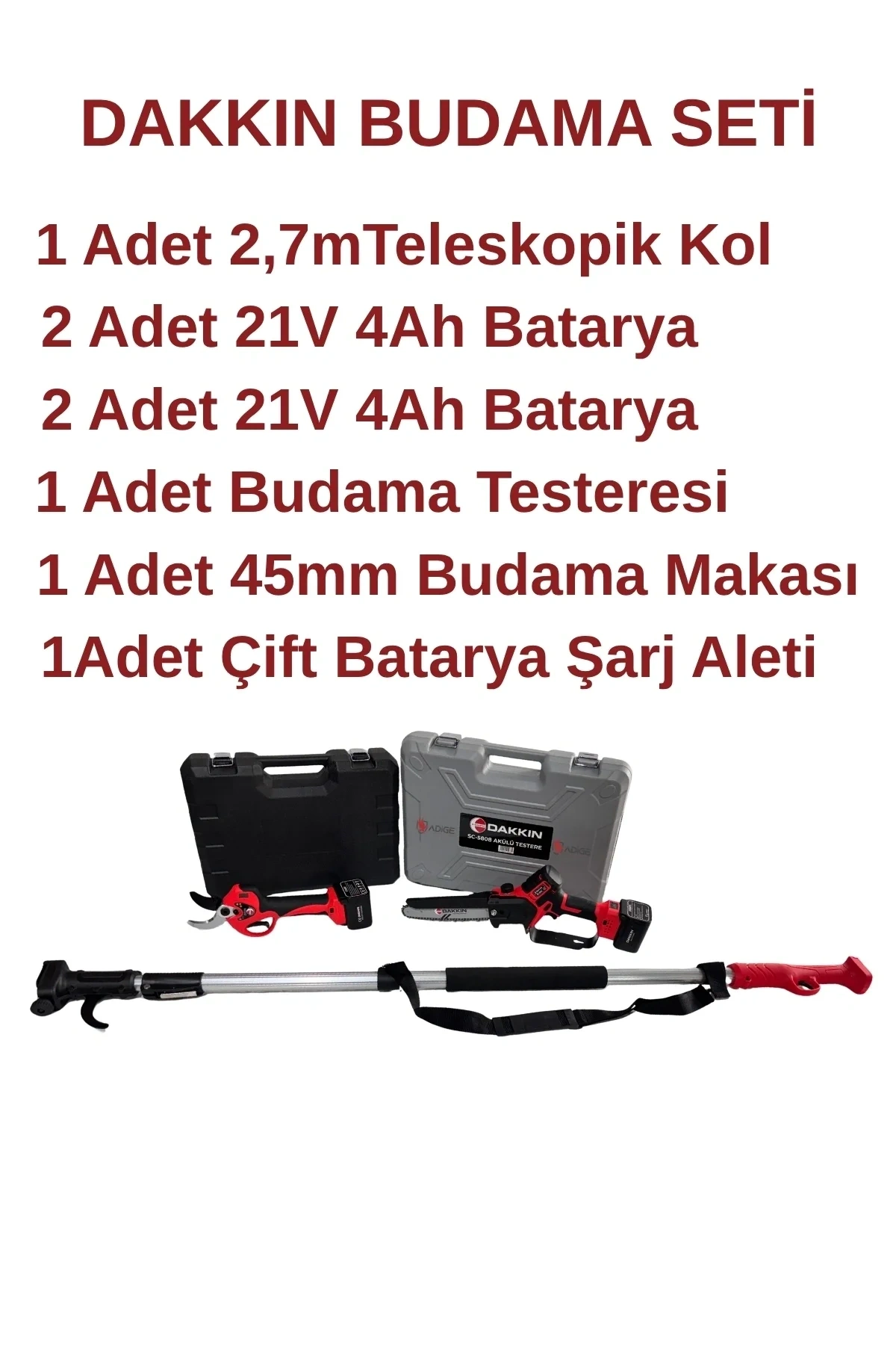 Dakkin Şarjlı Budama Testeresi, Budama Makası ve Uzatma Kolu Tam Set