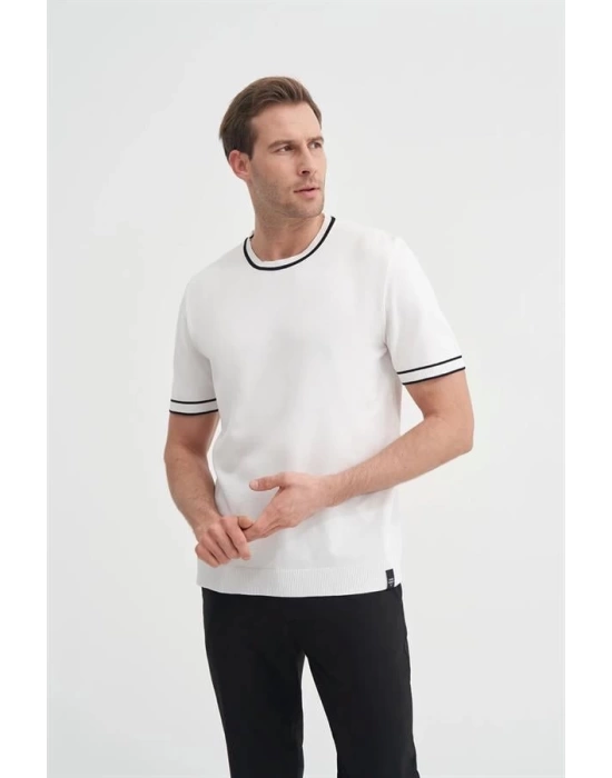 3013 Bisiklet Yaka Bel ve Kol Lastikli Triko Erkek T-Shirt BEYAZ