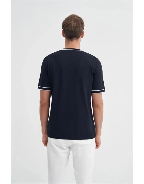 3013 Bisiklet Yaka Bel ve Kol Lastikli Triko Erkek T-Shirt LACİVERT