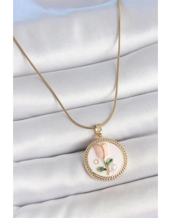 316L Çelik Gold Renk Beyaz Mineli İncili Çiçek İşlemeli Portre Model Kadın Kolye