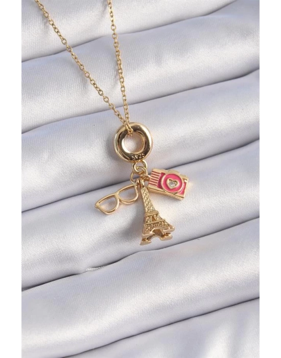 316L Çelik Gold Renk Eyfel Kulesi Fotoğraf Makinesi Figür Charm Model Kadın Kolye